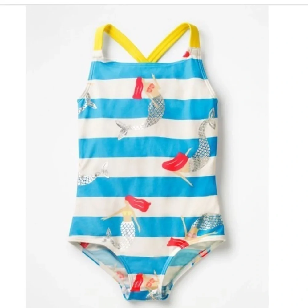 Mini Boden Mermaid striped Swimsuit girls 9-10Y cross-back
